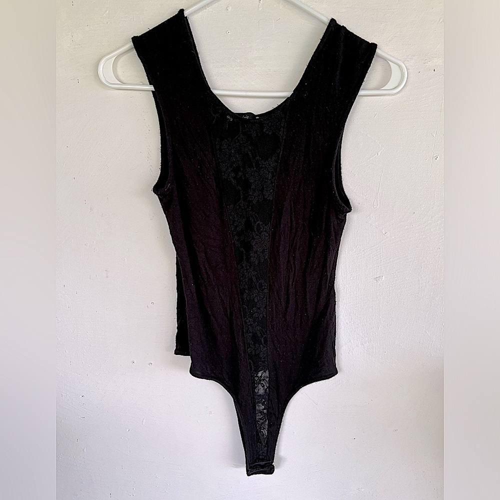 Iris Black Lace Center Peek a Boo One Piece Short Sleeve Button Clasp Bodysuit